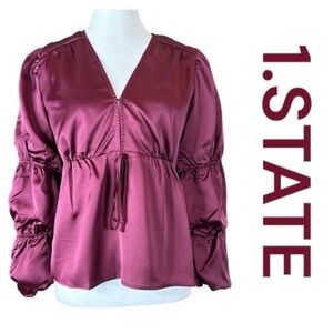 1. STATE Romatic Blooms Empire Waist Blouse, Tiered Puff Sleeves, Size S.